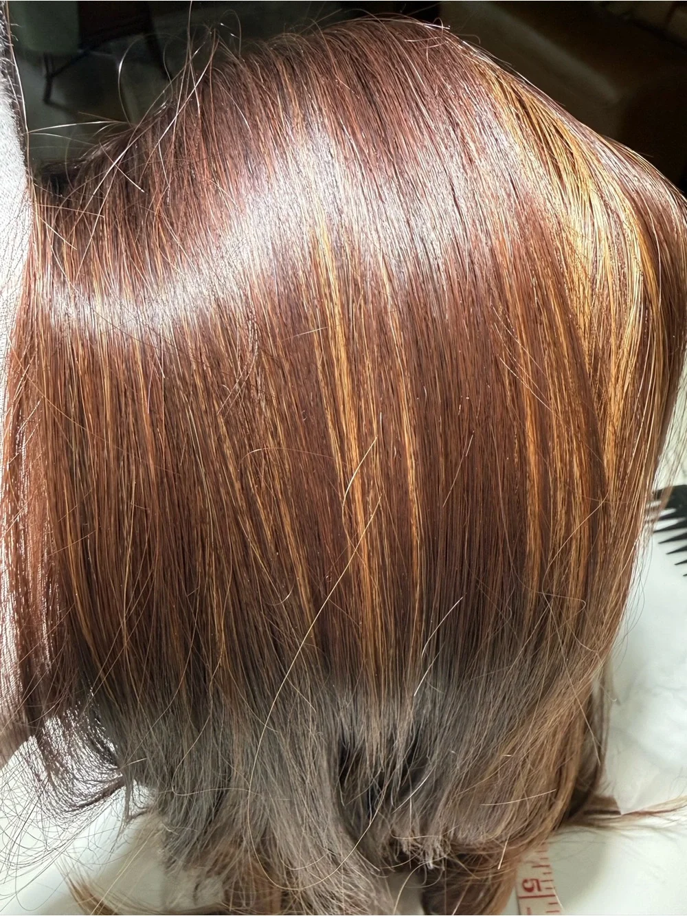 HAIR, 24” Straight Topper, Whispy bangs, Center Part, Brown Carmel Highlights